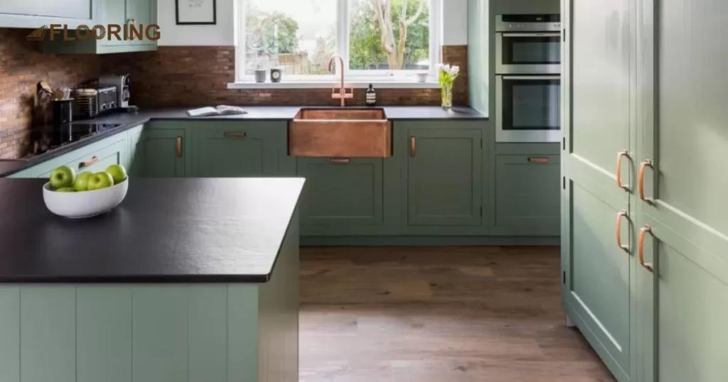 Dark Green Cabinets with Bright Brown Wood Flooring