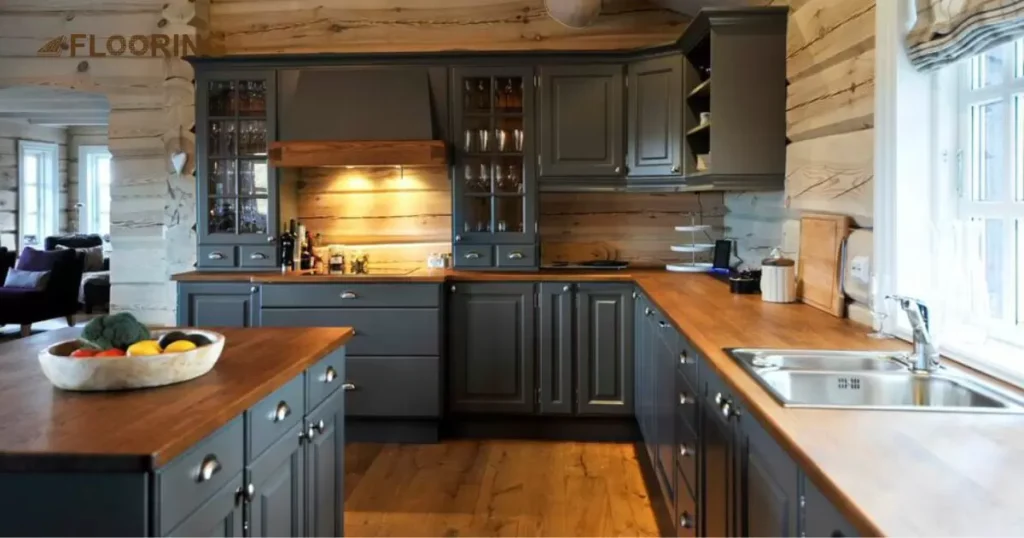 Gray Cabinets with Brown Wood Flooring