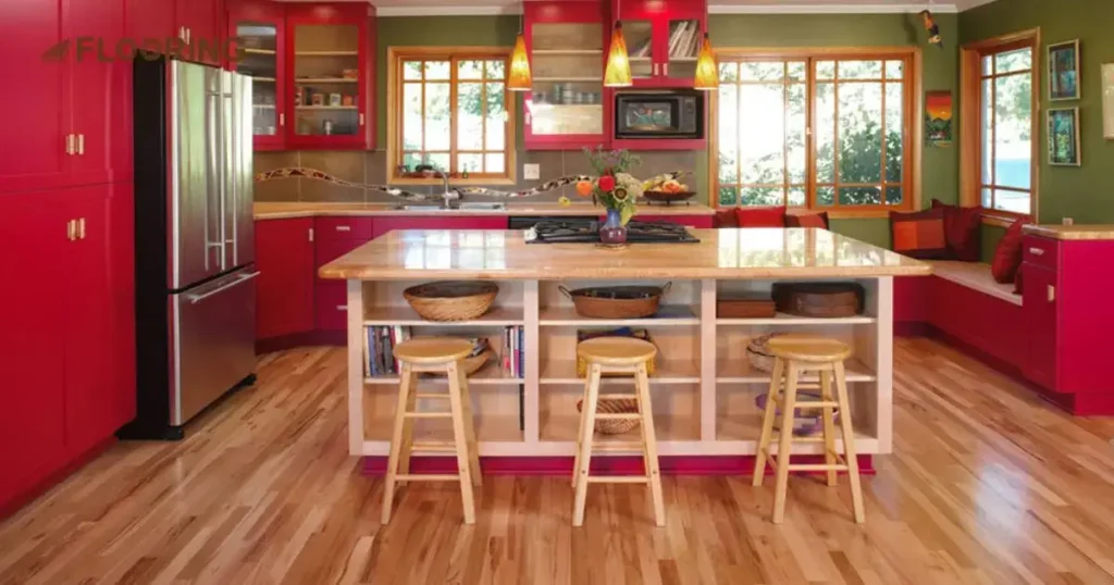 Pink Cabinets And Light Brown Wood Flooring