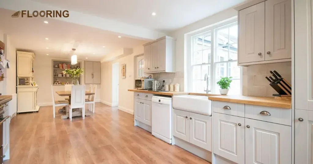 White Cabinets With Distressed Brown Wood Flooring