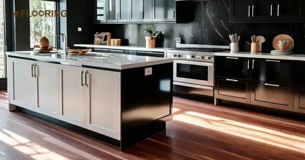 Black & White Kitchen Cabinets With Cherry Wood Flooring