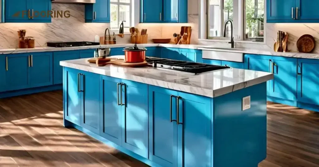 Bright Blue Cabinets With Medium Brown Wood Flooring