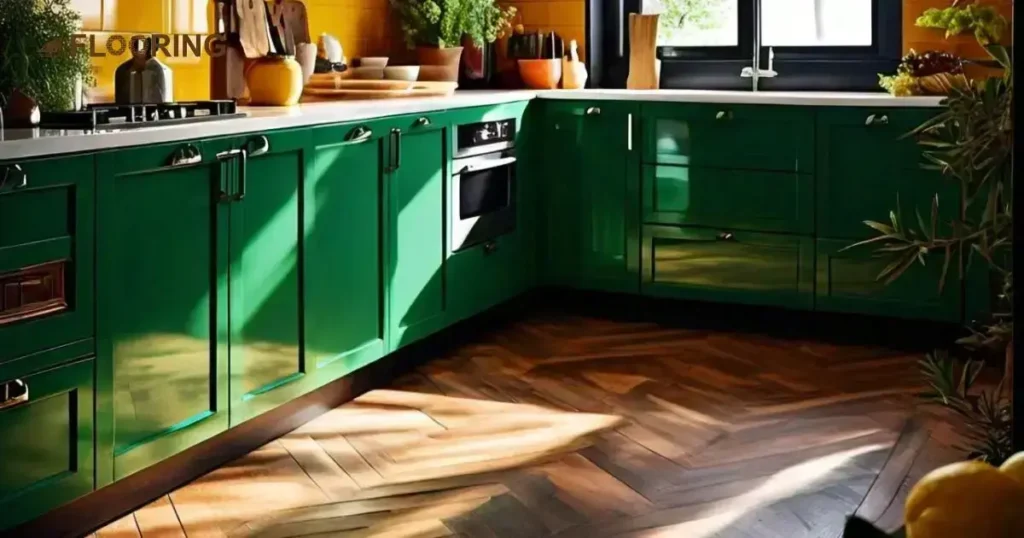 Dark Green Cabinets With Brown Wood Flooring