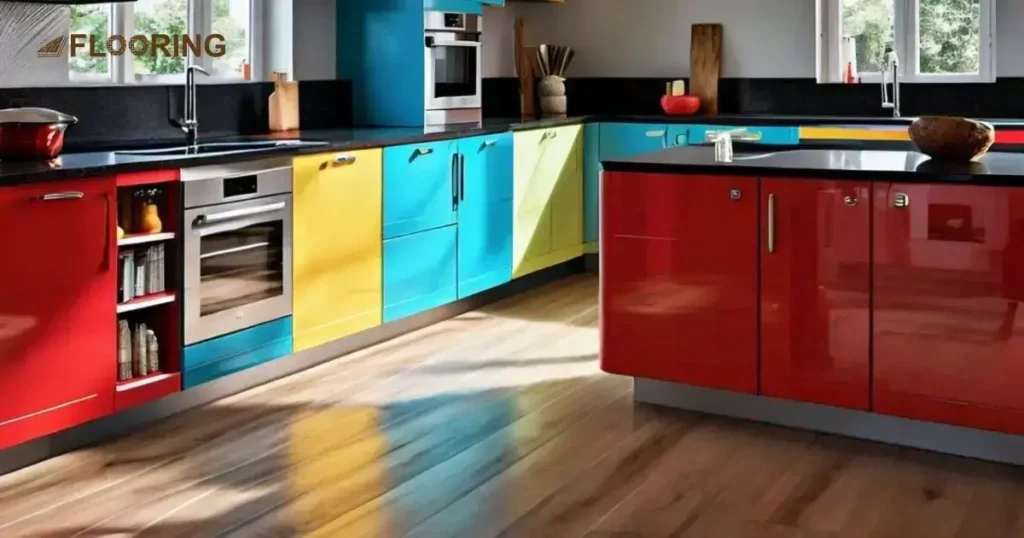 Multi-Colored Cabinets With Wood Flooring