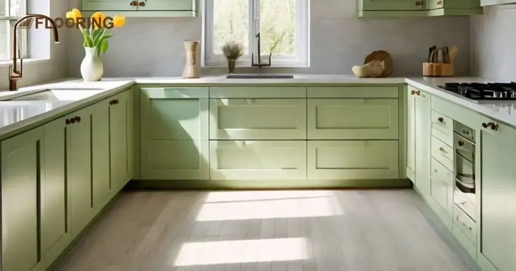 Nearly White Flooring With Light Green Cabinets