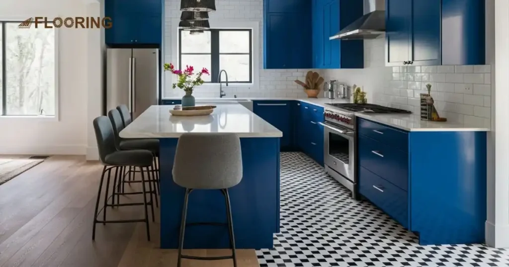 Blue Cabinetry with Mixed Flooring