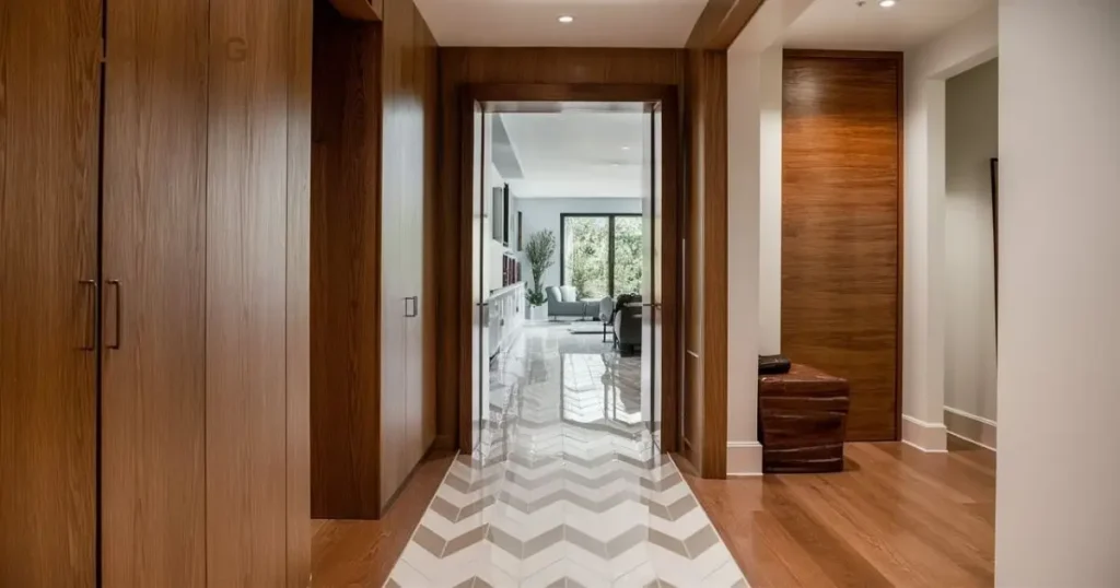 White Chevron Tile and Oak Wood